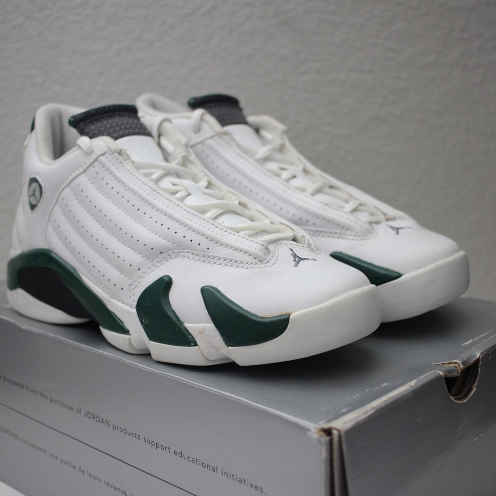 Air Jordan 14 Retro (GS) 5Y-White, Dark Forrest -Graphite